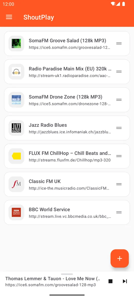 A station list in ShoutPlay, with logos, stream addresses and drag handles