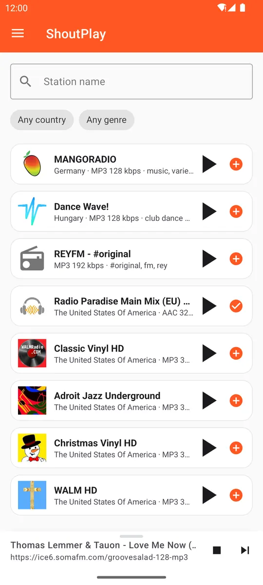 Station search in ShoutPlay: a search field, country and genre filters, and results with play and add buttons